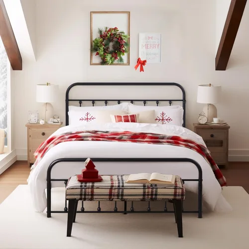 Miniatura 4 de VECELO Base de cama, plataforma de metal tamaño Queen con cabecero y estribo, base de colchón de soporte de listones de acero de alta calidad,