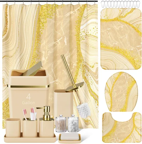 Juego de accesorios de baño de 25 piezas, color beige, con bote de basura de gran capacidad de 4 galones, juego de alfombras de baño, cortina de