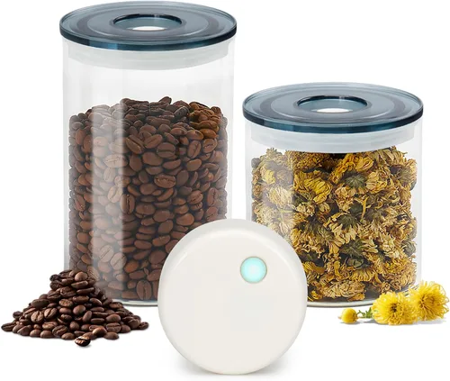 SealVax® Juego de recipientes de café al vacío de 19 oz y 32 oz de vidrio de borosilicato | Tapas herméticas, sellador al vacío eléctrico de parada