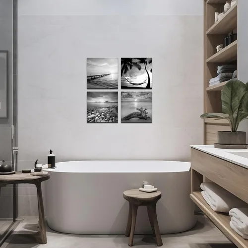 Miniatura 2 de sechars - Arte de pared de playa en blanco y negro, pintura de paisaje marino, paisaje de amanecer, imagen giclée, lienzo enmarcado para sala