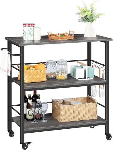 Miniatura 9 de HOOBRO Isla de cocina con almacenamiento, isla de cocina industrial sobre ruedas y recintos laterales, carrito de cocina de 3 niveles con estación