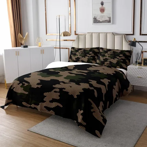 Miniatura 2 de Erosebridal Juego de colcha de camuflaje marrón tamaño individual, juego de colcha de camuflaje militar, juego de ropa de cama de arte abstracto