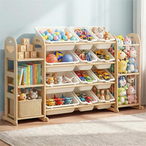 Miniatura 10 de Organizador de almacenamiento de juguetes, organizadores de juguetes de madera y almacenamiento con estantería, estante de almacenamiento de Blanco