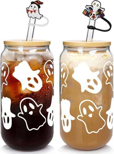 Miniatura 9 de Vasos de Navidad de 18 onzas para café helado de Navidad con tapas y pajitas, regalos de elefante blanco para adultos, vaso colorido de árbol