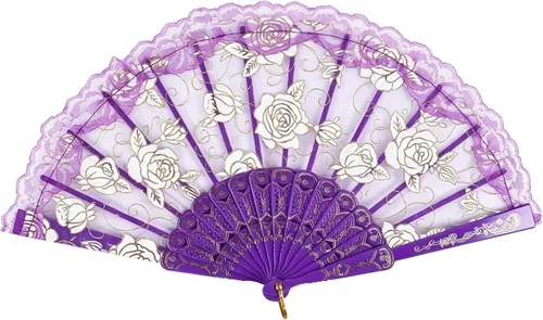 Miniatura 8 de TrendBox - Abanico chino de mano en encaje de rosas, diseño elegante vintage retro, plegable, para damas, para bailes de bola, 1 juego (10 colores)