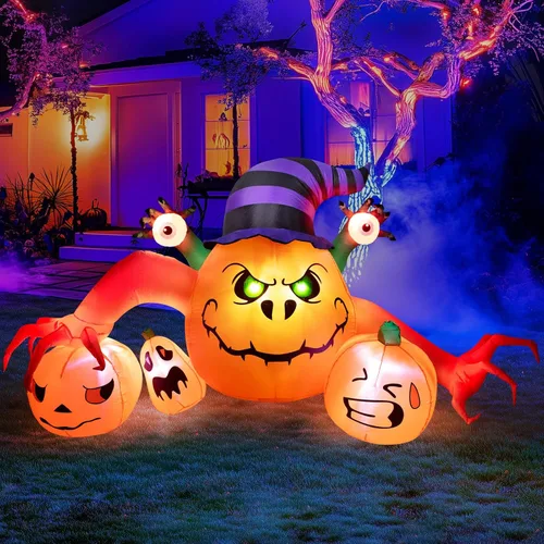 Decoraciones inflables de Halloween de 8 pies de largo, decoraciones de calabaza con luces LED integradas, linterna inflable para interiores y
