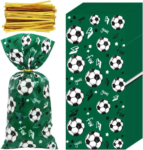 Boerni 100 bolsas de golosinas de fútbol, diversión de portería verde, bolsas de golosinas de fútbol, regalos de fiesta, bolsas de dulces para
