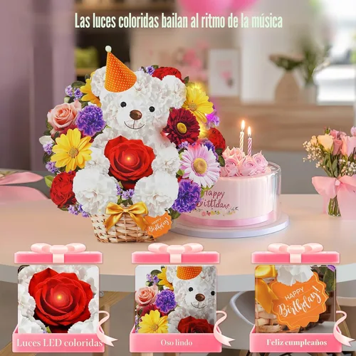 Miniatura 3 de MZD8391 Tarjetas de cumpleaños con música y luces, tarjeta de feliz cumpleaños, oso y margarita, ramo de flores de tamaño natural de 10 pulgadas