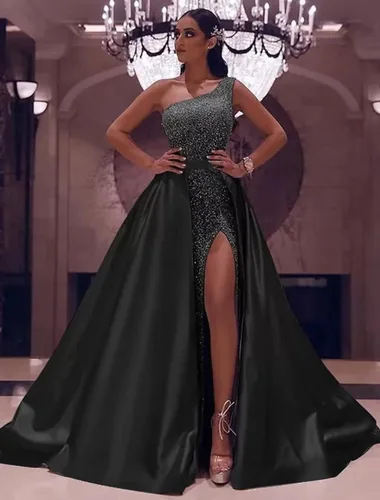 Miniatura 4 de Vestidos de fiesta de lentejuelas de un hombro 2024, vestidos largos de satén para mujer, vestidos de noche formales de sirena brillante con abertura