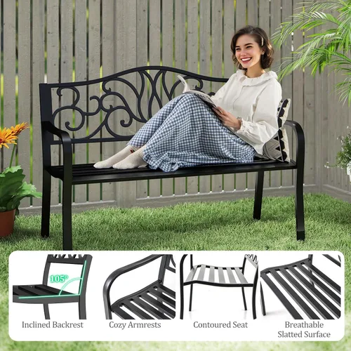 Miniatura 5 de Tangkula Banco de jardín de 50 pulgadas para exteriores, sofá biplaza de metal de hierro fundido con respaldo de diseño floral y asiento