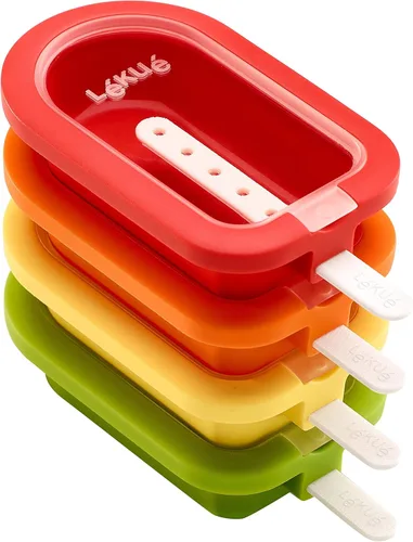 Lékué Juego de 4 moldes apilables para paletas + palitos y tapas | Paletas de helado caseras y aperitivos congelados | Silicona flexible de platino