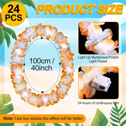 Miniatura 9 de Sherr 24 piezas de collares de flores de leis hawaianas con luces LED para boda, luces LED para leis hawaianas, collares de flores de leis hawaianas