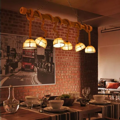 Miniatura 4 de Genérico Araña moderna, LED Modern Chandelier Lamp Large Retro Hemp 6 Bamboo Cloth Cover Hand Woven Rope Adjustable Sling E27 Living Room/Dining