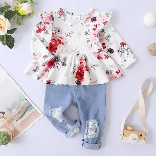 Miniatura 2 de XUANHAO Conjunto de 2 piezas de pantalones de mezclilla para niñas pequeñas parte superior floral con volantes pantalones de mezclilla rasgados