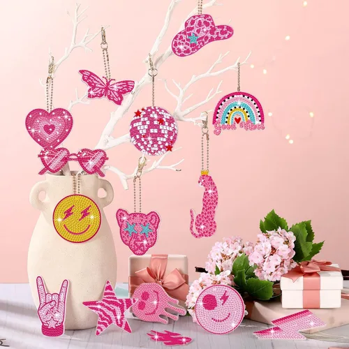 Miniatura 2 de Siifert 15 piezas de llavero de pintura de diamante de preppy kit de pintura de diamante rosa, llavero de cara sonriente de leopardo rosa, lindos