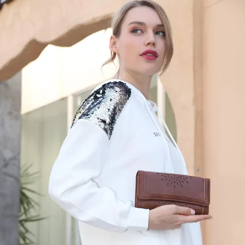 Miniatura 6 de Aphison - Cartera larga de cuero suave RFID para mujer, con caja de regalo