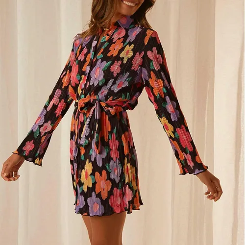 Miniatura 2 de Neufigr Vestidos de verano para mujer, con cuello en V, manga larga, mini botones, casual, con volantes, con lazo corto