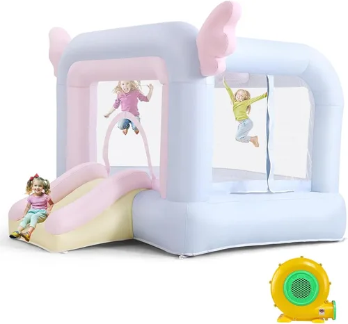 AKEYDIY Casa inflable de rebote para niños, 106'' x 85'' x 80'' Casa de salto Macaron con tobogán, globos, set de atrapar pelotas, saco de boxeo,