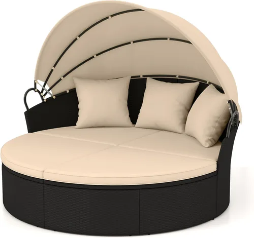 Miniatura 10 de HAPPYGRILL Sofá cama al aire libre con toldo, sofá modular de mimbre de ratán con mesa auxiliar, cojines, juego de conversación de patio para Gris