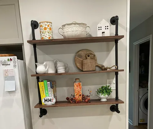 Miniatura 7 de Estantes de pared de tubería industrial con tablón de madera real, estantes flotantes de 48 pulgadas para pared, estantería de libros estilo granja