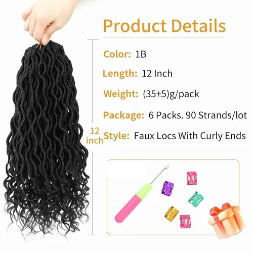 Miniatura 2 de Cabello Corto de Locs Falsos para Crochet Pre-Enrollado 12 Pulgadas 6 Paquetes Cabello de Locs de Diosa para Crochet Locs Falsos Suaves con Puntas