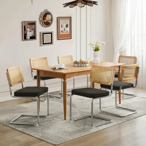 Miniatura 15 de Juego de 2 sillas de comedor de ratán, sillas de comedor modernas tapizadas de mediados de siglo con respaldo de caña, sillas de cocina de Beige