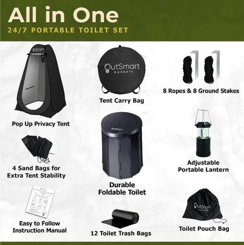 Miniatura 3 de Outsmart Gadgets Juego de inodoro portátil para exteriores para adultos con linterna nocturna de campamento, inodoro plegable XL, tienda de campaña