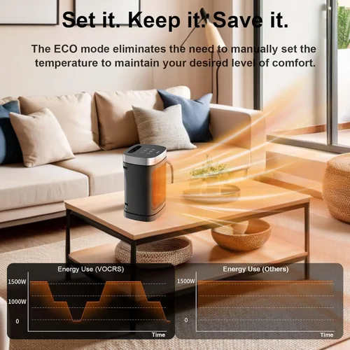 Miniatura 4 de Calentador de espacio, calentador de cerámica PTC portátil para uso en interiores, temporizador de 1 a 12 horas, control remoto, oscilación de 70°