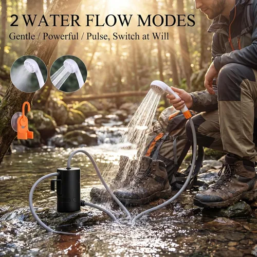 Miniatura 3 de Ducha portátil para campamento, 4400 mAh, recargable por USB, IPX7, impermeable, bomba de ducha con batería + cubo plegable para campamento Negro