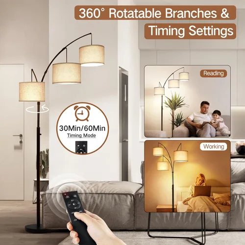 Miniatura 4 de OUTON Lámpara de pie LED de arco con control remoto, lámpara de pie alta arqueada regulable moderna de 3 luces en negro, lámparas de pie ajustables