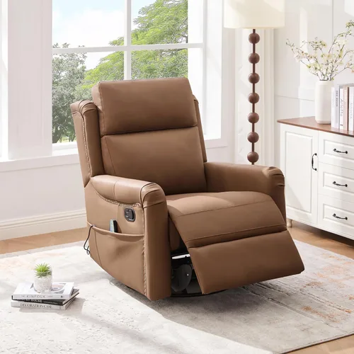 Miniatura 3 de Merax Silla reclinable manual moderna con masaje y calor, mecedora giratoria de 270°, tapizada de piel sintética, reclinable de cine en casa