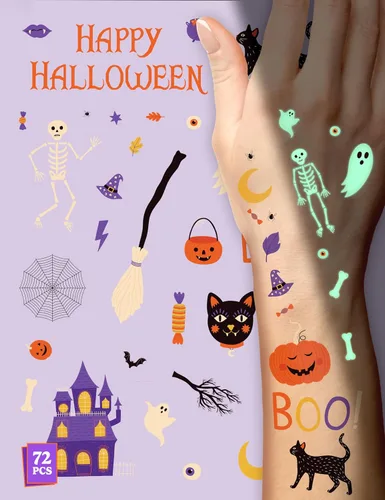 HOUSE OF PARTY Tatuajes que brillan en la oscuridad para niños, paquete de 72 tatuajes temporales de Halloween, calcomanías impermeables no tóxicas