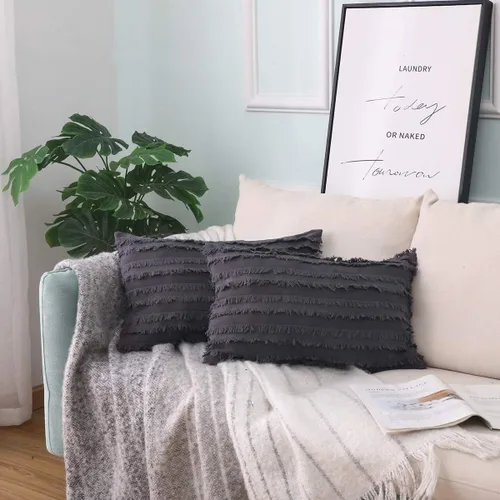 Miniatura 13 de GYROHOME Paquete de 2 fundas de almohada de algodón y lino, fundas de cojín decorativas, diseño de borlas, fundas de cojín modernas con flecos