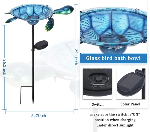 Miniatura 3 de MUMTOP Baño solar para pájaros al aire libre, pequeño comedero para pájaros con estaca de metal de tortuga para decoración exterior de jardín y patio