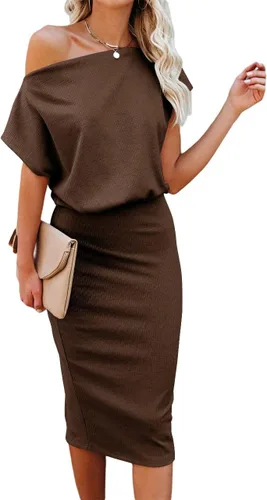 Ezbelle Vestido por debajo de la rodilla, ajustado, para mujer, con hombro descubierto y manga corta, vestido acanalado informal y de fiesta