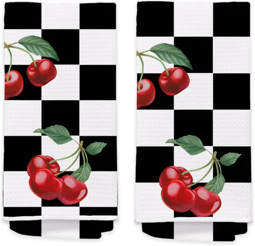Miniatura 9 de Toallas de mano de cereza para cocina y baño – Toallas de té decorativas retro a cuadros en blanco y negro, accesorios de decoración de cocina