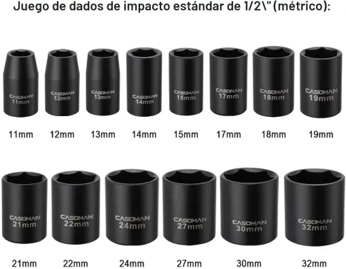 Miniatura 2 de CASOMAN Juego de dados de impacto poco profundo de 1/2 pulgada, métrica, 6 puntos, 0.433 in a 1.260 in