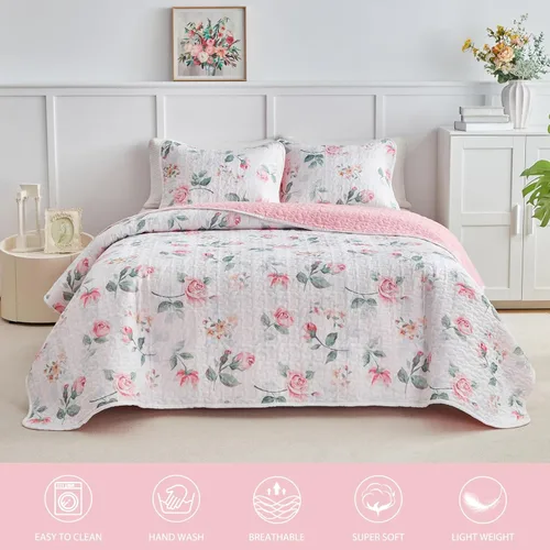 Miniatura 3 de Juego de edredón floral tamaño Queen 88x88 con flores rosas y amarillas, de microfibra suave, ligero, colcha reversible de verano de 3 piezas, juego