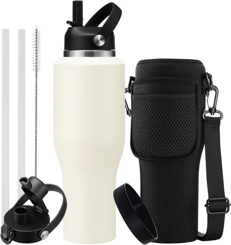 Miniatura 42 de Botella de agua de acero inoxidable de 32 onzas, frío-48 horas y caliente-24 horas, termo con popote y tapas de boquilla, bolsa, botella aislada al