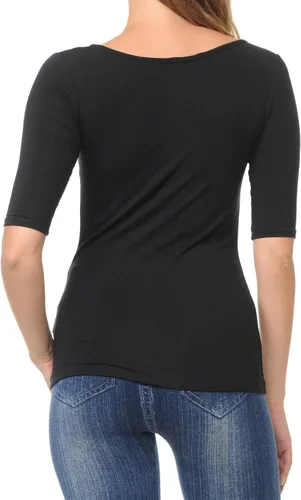 Miniatura 7 de SSOULM Camiseta básica elástica de manga 12 con cuello redondo y corte ajustado para mujer, talla grande