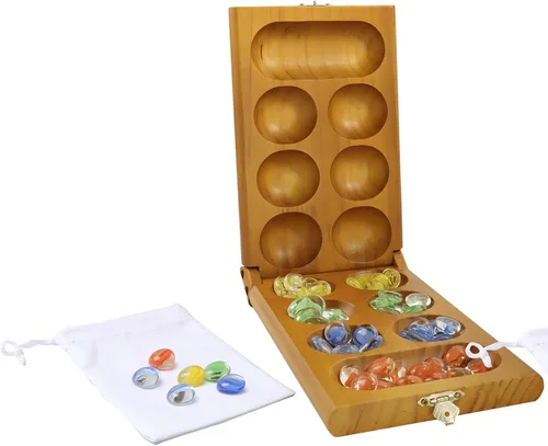 Miniatura 7 de GSE Games & Sports Expert Juego de mesa plegable de madera de Mancala con piedras de vidrio multicolor y bolsa de almacenamiento, juego portátil