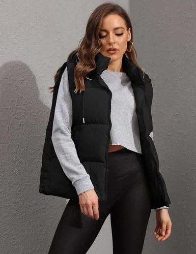 Miniatura 3 de Tanming Chaleco acolchado negro para mujer, con cremallera, ligero, sin mangas, para invierno, con capucha