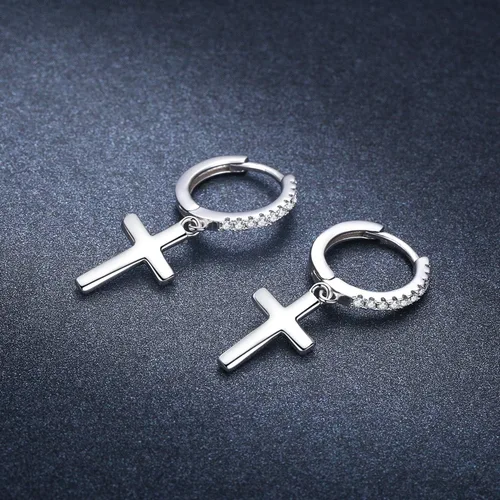 Miniatura 3 de Cuoka Aretes de aro de plata de ley 925 unisex con alas de ángel, plumas y cruz, aretes colgantes colgantes, aretes con bisagras, hipoalergénicos