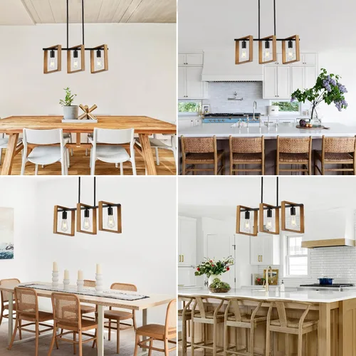 Miniatura 7 de 9MMML Lámpara de 3 luces para isla de cocina, lámpara de comedor negra, con marco de madera, para sala de estar, vestíbulo, entrada, pasillo, E26