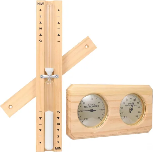 Termómetro higrómetro de sauna de 2 piezas con temporizador de arena de 15 minutos, doble calibre Fahrenheit y humedad de temperatura Celsius,