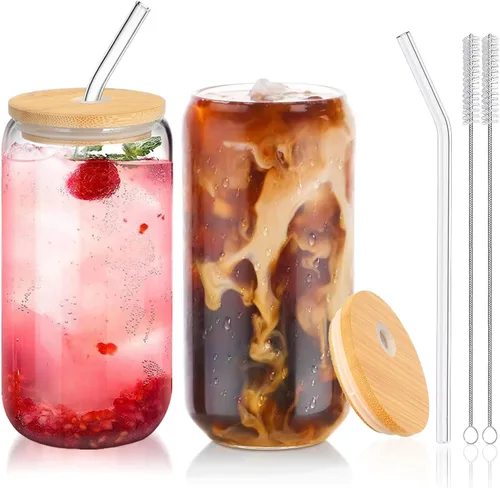 Miniatura 10 de Vasos de vidrio con tapas y pajitas, 1 paquete, tazas de café de vidrio, taza de vidrio con tapa para café helado, batido, cóctel, cerveza, whisky