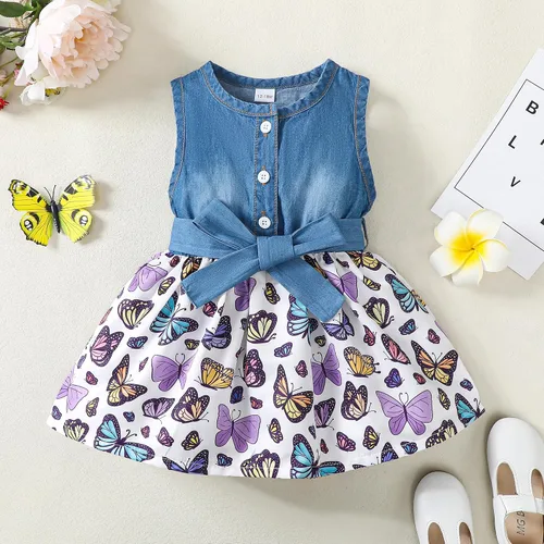 Miniatura 2 de Saeaby Vestido de niña pequeña, ropa de verano para niña, vestido sin mangas, vestido de mezclilla con flores, vestidos lindos para niña