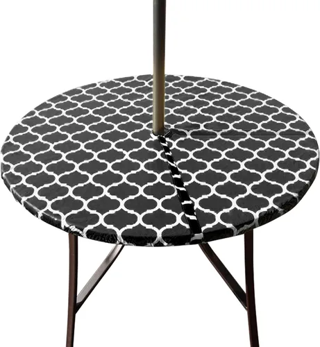Hipinger Vinyl Round Fitted Tablecloth with Zipper and Umbrella Hole, Outdoor Oil Waterproof Stain Resisteant PVC Table Cover 40-44 Inch, Black