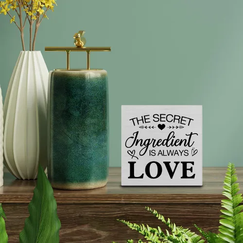 Miniatura 3 de Letrero de madera rústica para cocina, decoración de escritorio, con texto en inglés "The Secret Ingredient Is Always Love", letrero de bloque