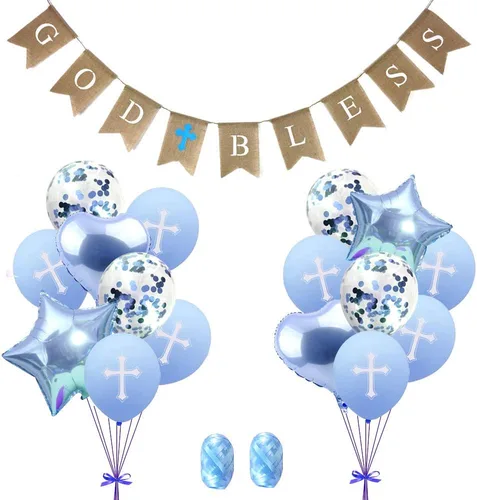 Decoraciones de bautismo con texto en inglés "God Bless Banner", globos cruzados de confirmación para niños y primera comunión, baby shower